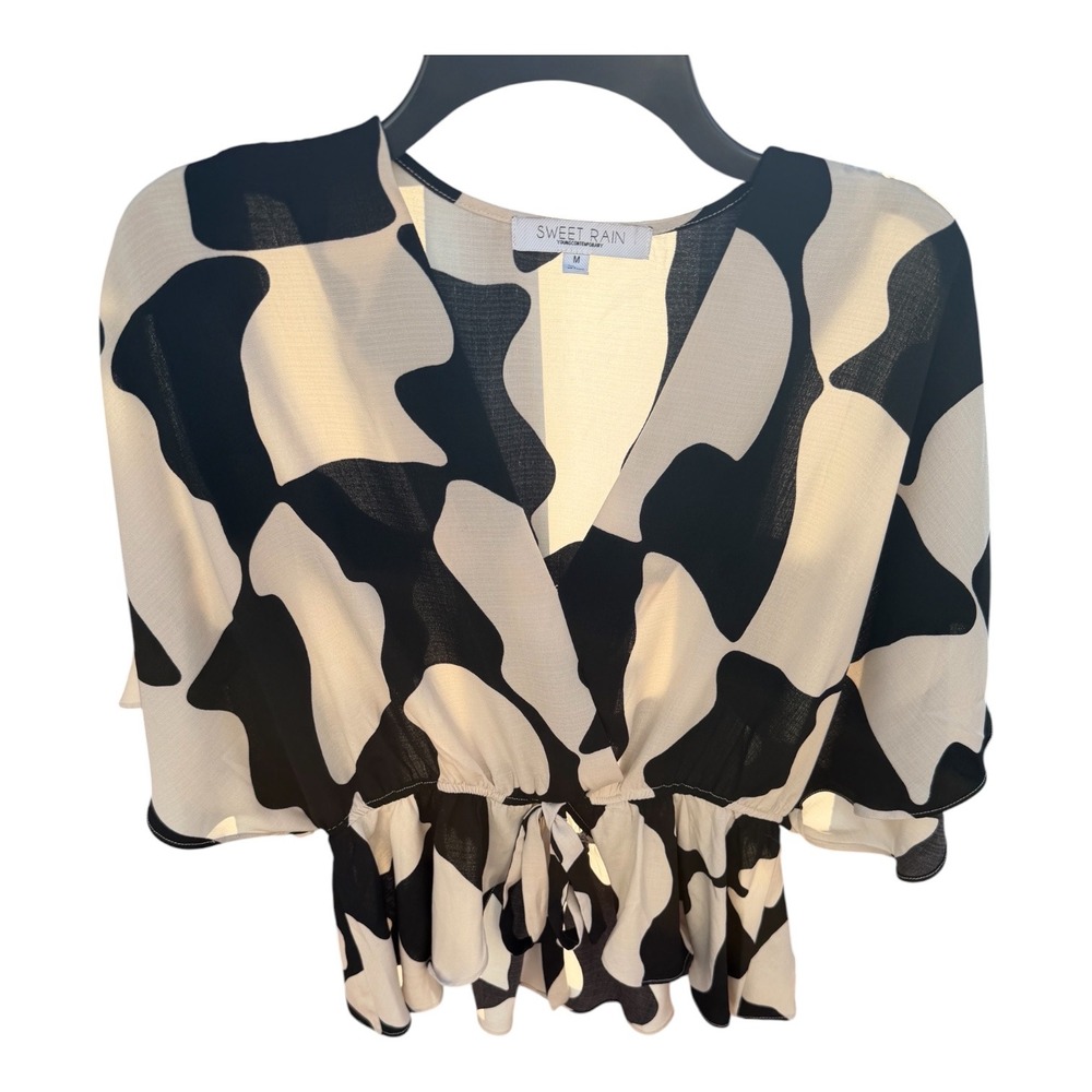 Sweet Rain Black White Abstract Print Kimono  Peplum tie waist  V-Neck Medium - Picture 5 of 6